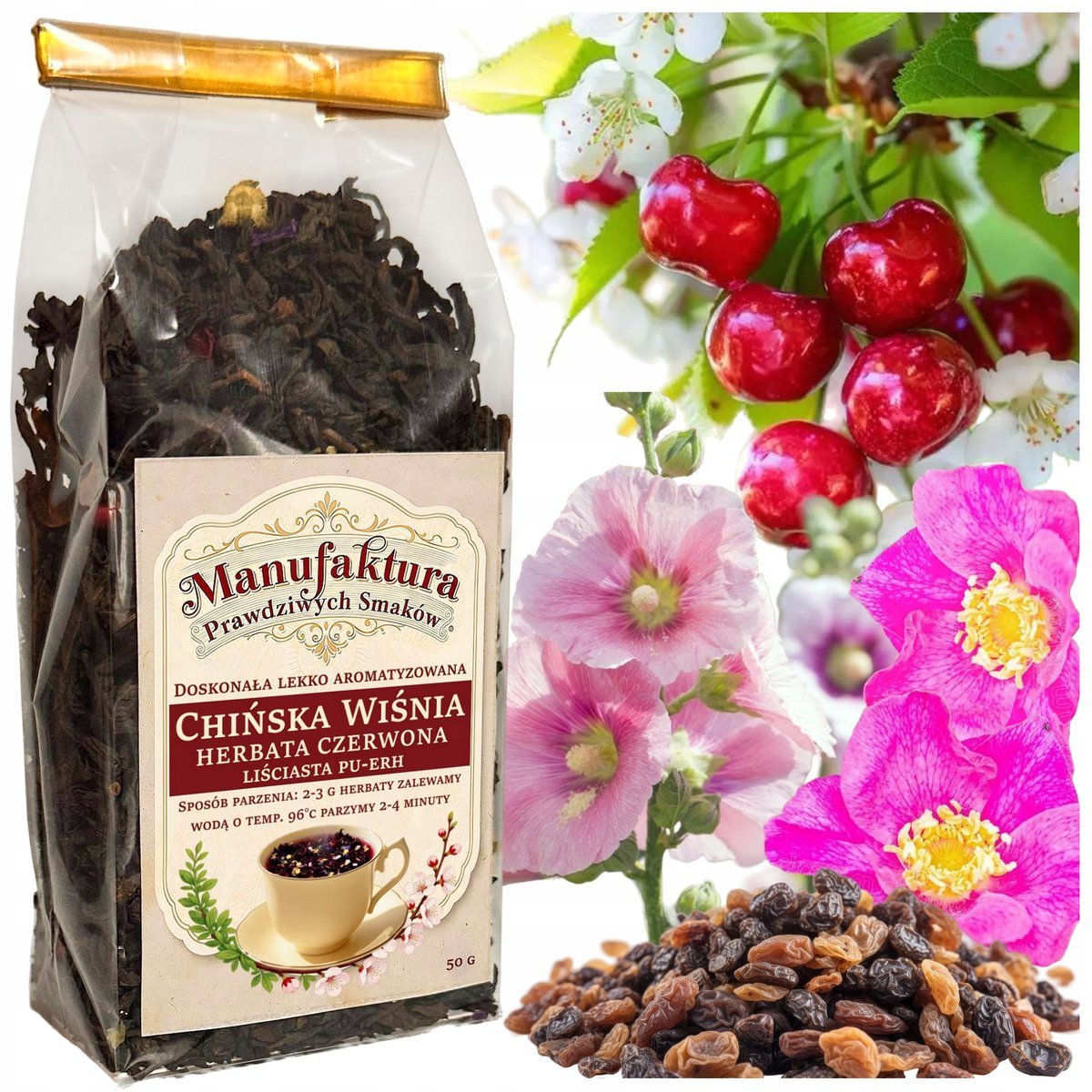 HERBATA CZERWONA LIŚCIASTA PU-ERH CHIŃSKA WIŚNIA PU-ERH 50g PŁATKI RÓŻY