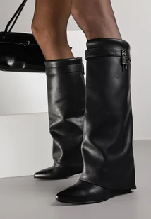 Czarne Kozaki na Koturnie z Modnie Wywiniętą Cholewką z Klamrą Erisela - Kozaki damskie - miniaturka - grafika 1