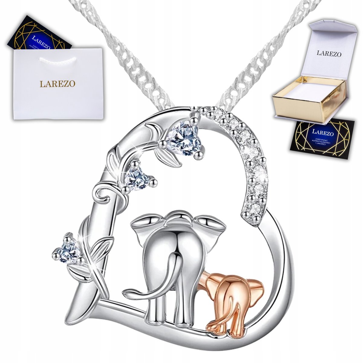 Srebrny Naszyjnik Serce Słonik z Cyrkoniami Serduszko Słoń Kwiat SREBRO 925