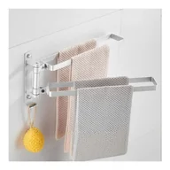 Wieszaki łazienkowe - Aluminiowy wieszak na ręczniki, uchwyt ścienny bez wiercenia, składana i obrotowa półka łazienkowa, srebrny podwójny drążek - miniaturka - grafika 1
