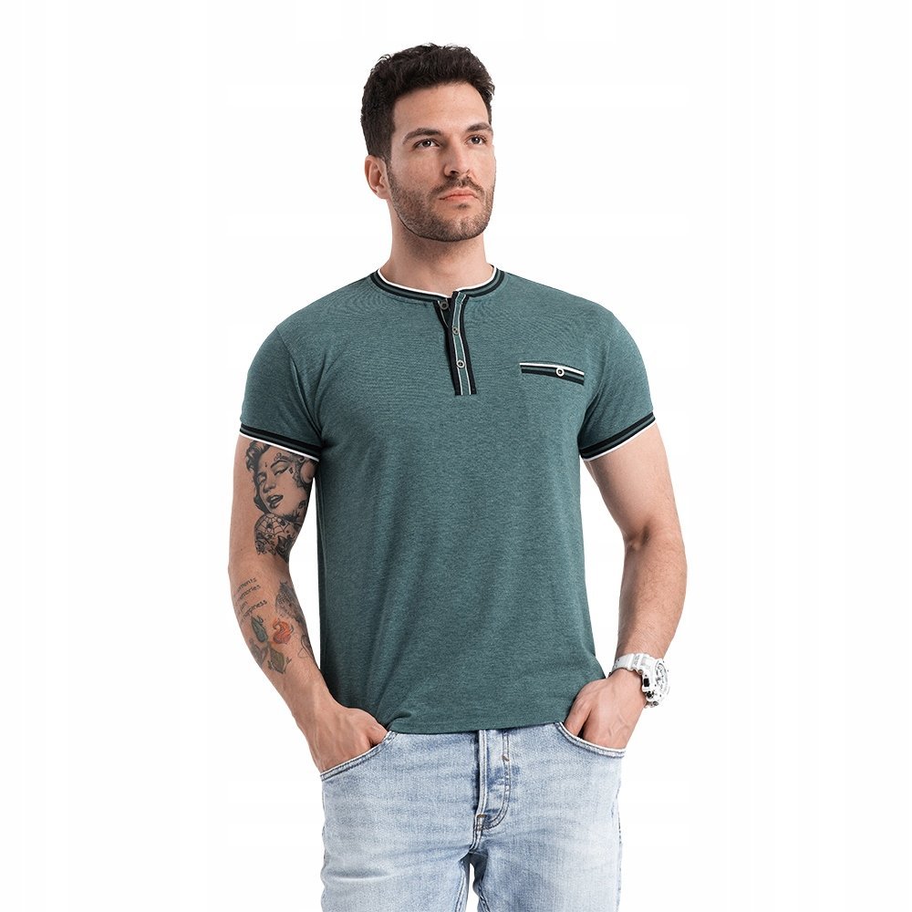 Męski t-shirt henley z ozdobnymi ściągaczami c.zielony V2 OM-TSCT-0175 L