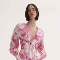 Bluzki damskie - Reserved - Bawełniana bluzka z wiązaniem - Różowy - miniaturka - grafika 1