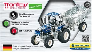 Tronico Toys Zawieszka tronico 09560  metalowe zestaw budowlany Traktor New Holland T5  115 z zamkiem jarmułka, skala 1: 64, seria Micro, niebieski, 581 części - Zabawki konstrukcyjne - miniaturka - grafika 1