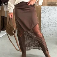 Spódnice - TEMU Kierunkowa Jednokolorowa Elegancka Spódnica z Koronką i Zamkiem, Codzienna Sukienka Bodycon z Satyny - miniaturka - grafika 1