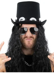 Czapka z włosami i specyfikacjami z lat 70. XX wieku, klasyczna, fantazyjna sukienka Rockstar, akcesoria dla dorosłych, w zestawie czarna czapka, długa peruka z kręconymi włosami i okulary - Czapki damskie - miniaturka - grafika 1
