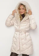 Kurtki damskie - Beżowa Pikowana Kurtka z Wiązanym Paskiem i Kapturem z Futerkiem Fenama - miniaturka - grafika 1