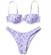 Stroje kąpielowe - STRÓJ KĄPIELOWY BIKINI BARDOTKA KWIATY FIOLETOWY L - miniaturka - grafika 1
