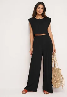 Czarny Wiskozowy Komplet Bluzka na Guzik z Usztywnianymi Ramionami i Szerokie Spodnie Vimalettes - Komplety damskie - miniaturka - grafika 1