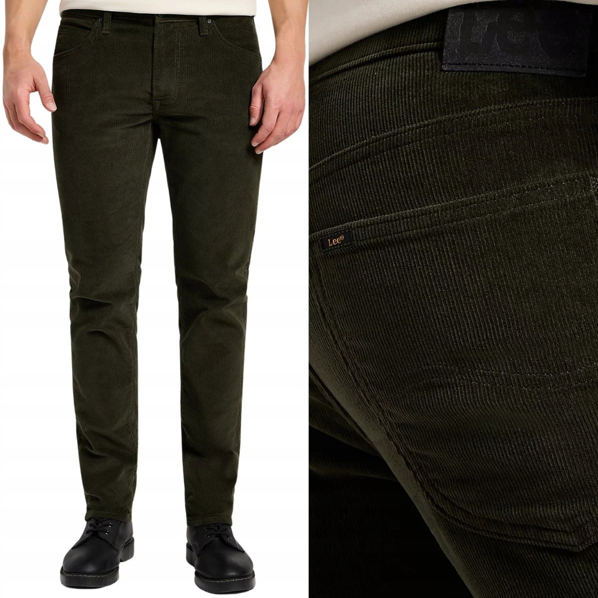Lee DAREN Olive Night PROSTE ZIELONE SPODNIE SZTRUKSY NIŻSZY STAN W42 L34