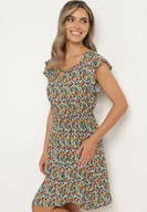 Sukienki - Granatowo-Niebieska Bawełniana Sukienka w Kwiaty z Gumką w Talii i Falbanką Dimllara - miniaturka - grafika 1