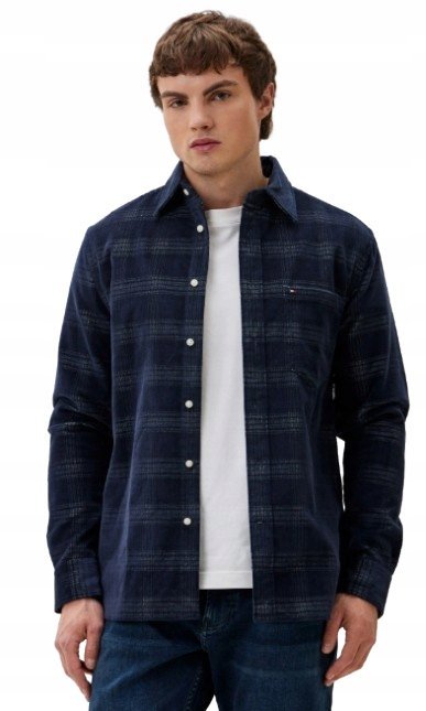 TOMMY HILFIGER GRANATOWA KOSZULA CASUAL W KRATĘ Z BAWEŁNY M XQA