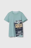 Koszulki dla chłopców - Guess t-shirt bawełniany dziecięcy kolor niebieski z nadrukiem - miniaturka - grafika 1