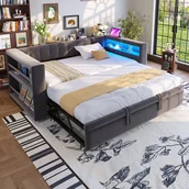 Meble do sypialni - Łóżko wysuwane 90/180 x 190 cm z zagłówkiem - Tkanina flanelowa - Diody LED - Półki i gniazdka do ładowania - Ciemnoszary (bez materaca) - miniaturka - grafika 1