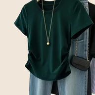 Bluzki damskie - TEMU Elegancki letni top z falbanką dla kobiet - obcisły, jednokolorowy, z krótkim rękawem, z lekkim poliestrowym materiałem, idealny na co dzień, - miniaturka - grafika 1