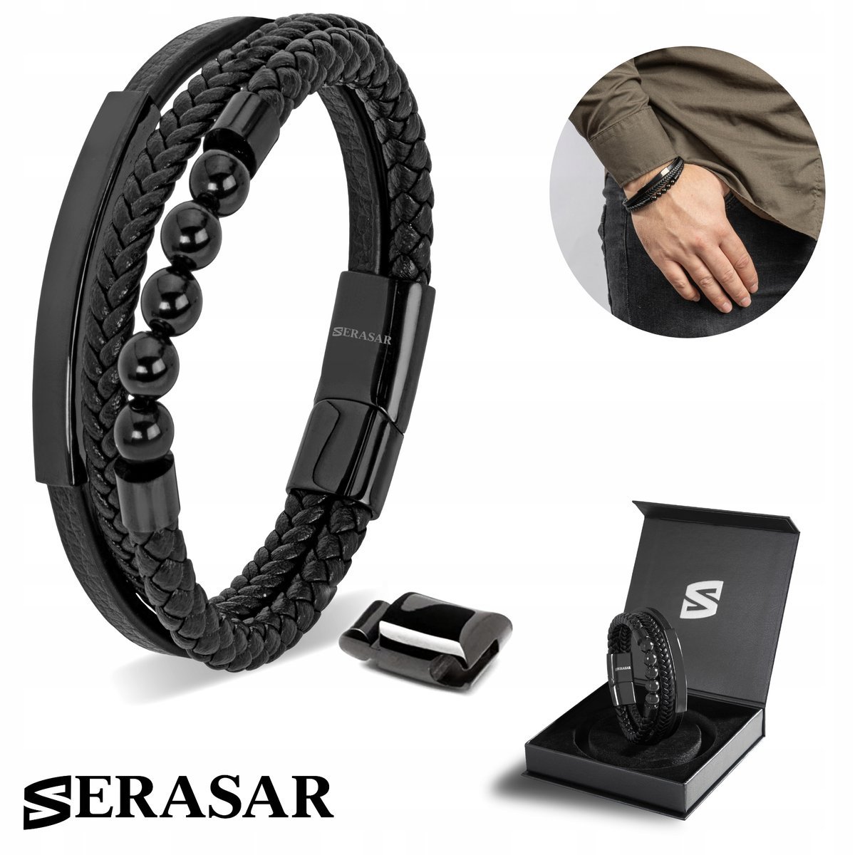 SERASAR, męska skórzana bransoletka „Pearl”, czarna, 23 cm, ze stalowym zapięciem magnetycznym, w zestawie pudełko prezentowe