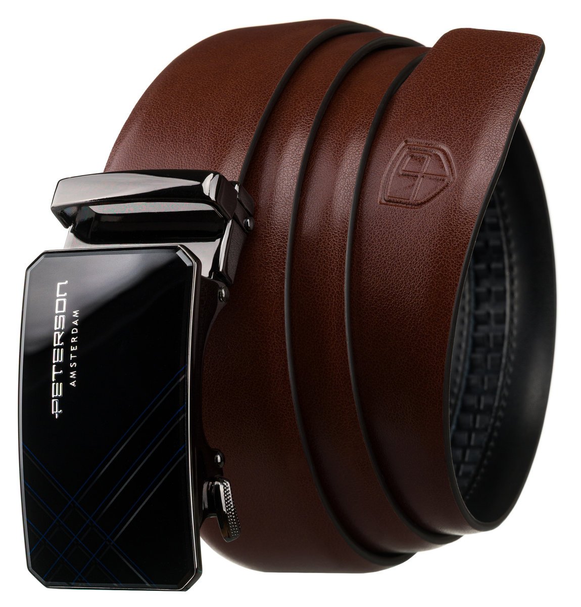 Brązowy skórzany pasek męski do spodni PETERSON automatyczna czarna klamra 125 samodzielne skracanie casualowy do garnituru