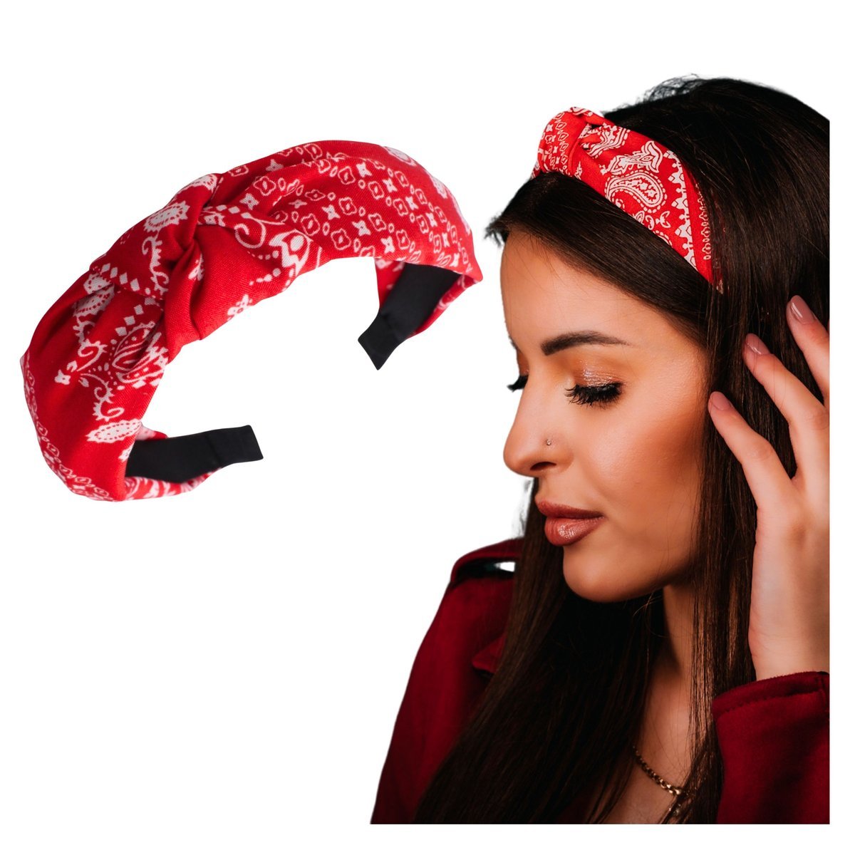 Opaska do Włosów Czerwona Szeroka z Białym Wzorem Paisley z Supłem Wygodna