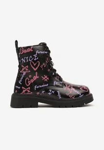 Czarne Botki Traperki Mocno Ocieplane Zdobione Kolorowym Nadrukiem Rinnabelle - Botki damskie - miniaturka - grafika 1