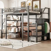 Łóżka dla dzieci i młodzieży - Łóżko piętrowe metalowe 140x200cm - z biurkiem i schowkami - czarne - miniaturka - grafika 1