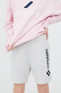 Superdry Superdry szorty bawełniane damskie kolor szary z aplikacją high waist - Spodenki damskie - miniaturka - grafika 1