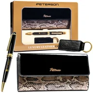 Portfele - Duży portfel damski z lakierowanej skóry naturalnej czarny na zatrzask i suwak zestaw portfel + długopis + brelok rozbudowany na karty ochrona RFID .. - miniaturka - grafika 1