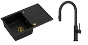 Zlewozmywaki z baterią - Quadron Unique Zlewozmywak granitowy jednokomorowy 78*50*22 cm z ociekaczem MORGAN 111 PURE CARBON z syfonem Push-2-Open w kolorze złotym z baterią JENNIFER Q LINE SLIM PURE CARBON z wyciąganą wylewką i funkcją prysznica kolor czarny - miniaturka - grafika 1