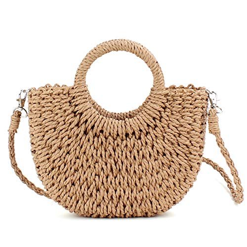 QTKJ Mini półokrągła rattanowa torba słomkowa, ręcznie tkana damska letnia retro plaża torba na ramię crossbody podróżna torba plażowa, Khaki, 6.29''x 9.84''