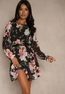 Sukienki - Czarna Rozkloszowana Sukienka Ozdobiona Kwiatowym Wzorem Zerovia - miniaturka - grafika 1