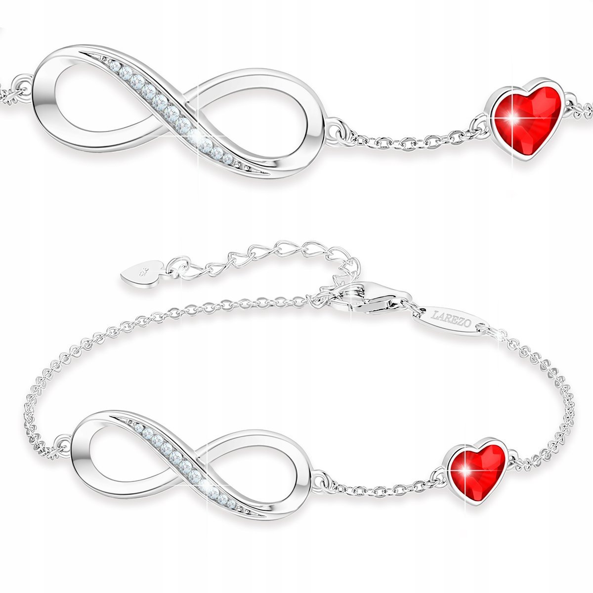 Bransoletka Srebrna Rubinowe Serce z Nieskończonością Cyrkonie SREBRO 925