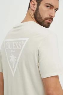Koszulki męskie - Guess t-shirt plażowy bawełniany kolor beżowy wzorzysty - grafika 1