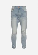 Spodnie męskie - Niebieskie Dopasowane Jeansy z Przetarciami i Regularnym Stanem Kolora - miniaturka - grafika 1