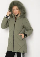 Kurtki damskie - Ciemnozielona Pikowana Kurtka z Kapturem z Futrem i Ściągaczami przy Rękawach Dacce - miniaturka - grafika 1