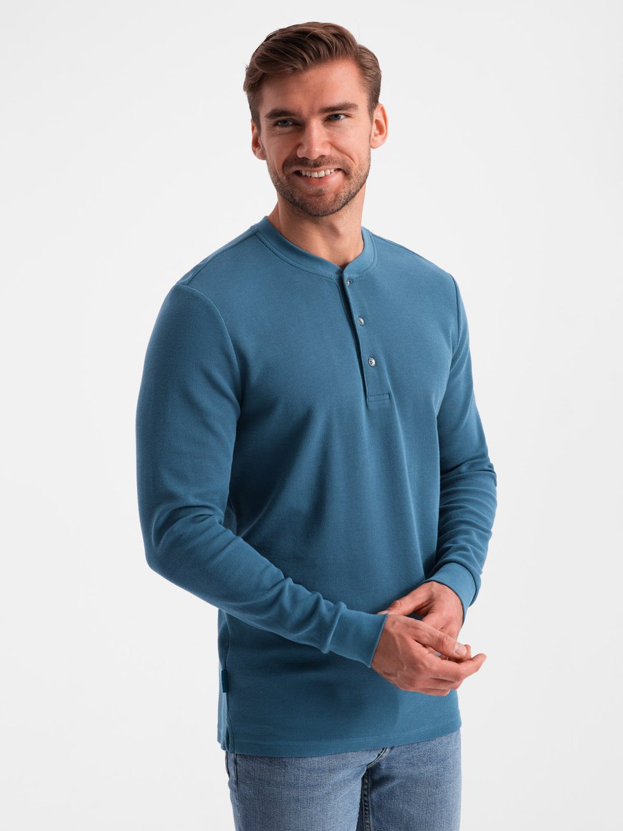 Longsleeve męski zapinany pod szyją niebieski denim V4 OM-LSCL-0120 XL