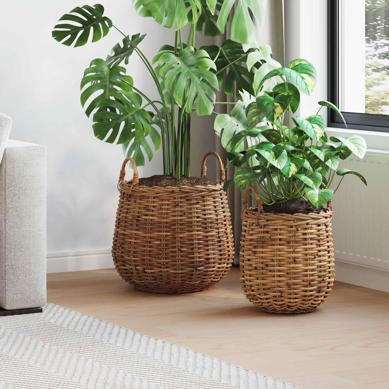 vidaXL Kosz na rośliny z przechowywaniem 2 pcs Brązowy Rattan Lacak