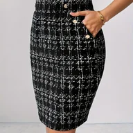 Spódnice - TEMU Elegancka Spódnica w Kratę ze Złotymi Guzikami i Paskiem na Pasie - A-Line od Krótkiej do Midi, Wzoru Czarno-Biało-Kremowego Grosza, Odporna Na - miniaturka - grafika 1