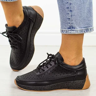 Czarne ażurowe skórzane półbuty damskie Sergio Leone sp013 - Półbuty damskie - miniaturka - grafika 1