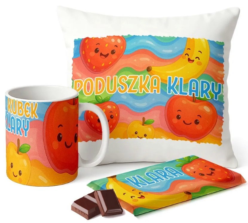 Zestaw Kubek Poduszka Czekolada z Imieniem Owoce Prezent Dla Dziecka