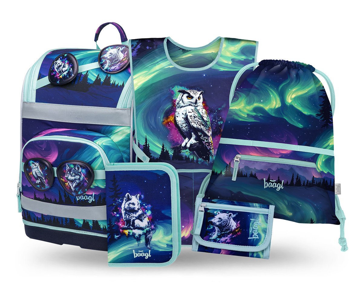 Zestaw Szkolny 5w1 BAAGL Tornister szkolny Zippy Plus Aurora Ergonomiczny 21L 28x37x20 cm Fioletowy dla dziewczynki + Piórnik, Worek na buty, Portfe..