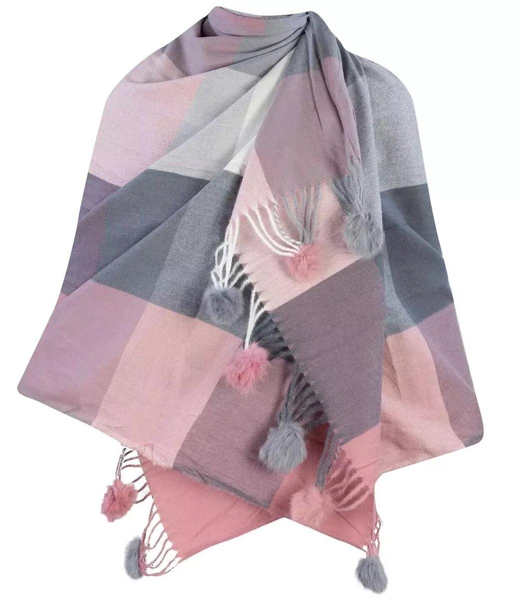 Szal szalik ciepła chusta w kratkę z pomponami