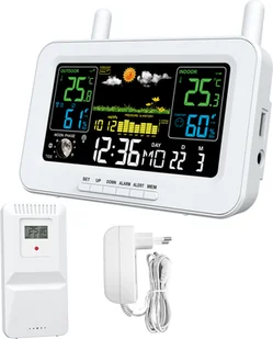 Inteligentna stacja pogodowa z kolorowym wyświetlaczem, wyjściem USB, wewnętrznym i zewnętrznym termometrem i higrometrem, miernikiem temperatury i wilgotności, zegarem pogodowym z wyświetlaczem faz księżyca, wyświetlaczem ciśnienia powietrza, funkcją automatycznej kalibracji czasu radiowego (WWVB DCF MSF, z funkcją DST) - Stacje pogodowe Inteligentna stacja pogodowa z kolorowym wyświetlaczem, wyjściem USB, wewnętrznym i zewnętrznym termometrem i higrometrem, miernikiem temperatury i wilgotności, zegarem pogodowym z wyświetlaczem faz księżyca, wyświetlaczem ciśnienia powietrza, funkcją automatycznej kalibracji czasu radiowego (WWVB DCF MSF, z funkcją DST) - Stacje pogodowe - miniaturka - grafika 1