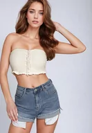 Spodenki damskie - Granatowe Jeansowe Szorty z Wysokim Stanem o Asymetrycznym Wykończeniu z Efektem Push-Up Afisea - miniaturka - grafika 1