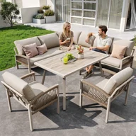 Meble ogrodowe - Zestaw mebli ogrodowych dla 8 osób, lina, 1 stół imitujący drewno, ocynkowane żelazo, narożnik - 2 fotele, beżowy - miniaturka - grafika 1