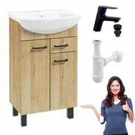 Szafki łazienkowe - Zestaw Szafka z Umywalką 50 Buk Szufladka + Czarna Bateria Klik Klak Syfon - miniaturka - grafika 1