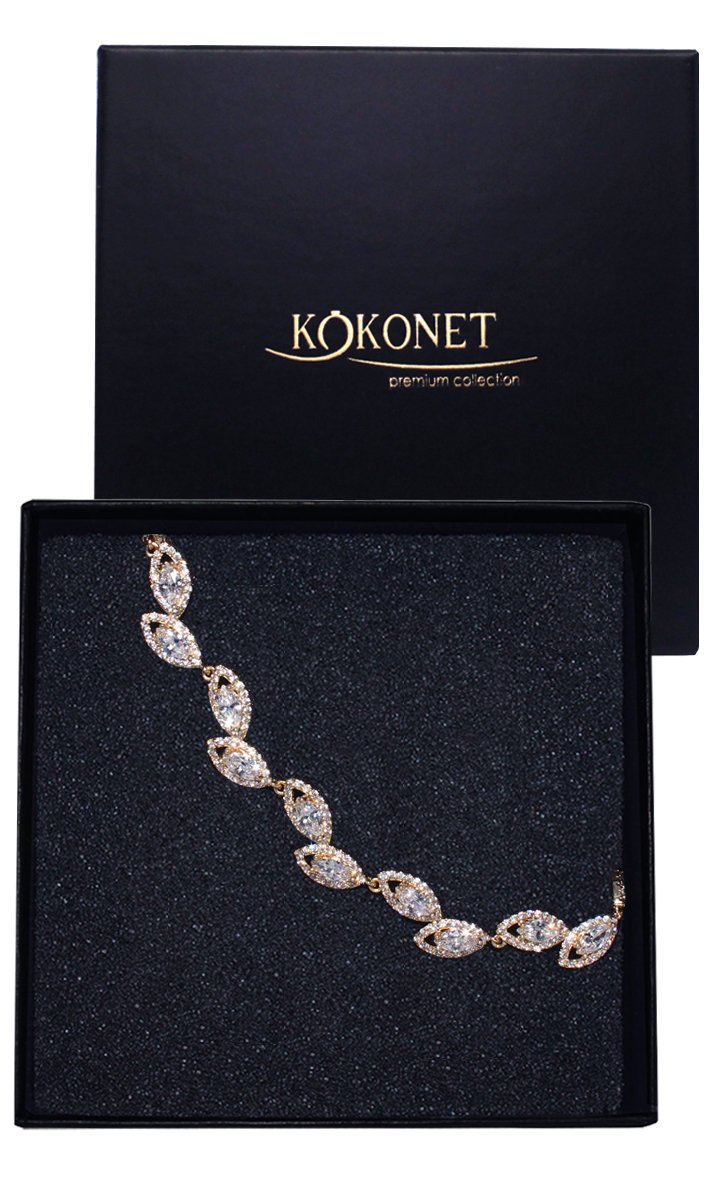 Bransoletka Ślubna ZŁOTA Listki BOHO Cyrkonie Listek na zatrzask prezent