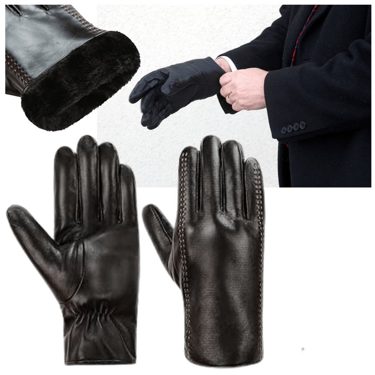 Rękawiczki skórzane męskie dotykowe ocieplane zimowe z owczej skóry czarne Rękawice eleganckie