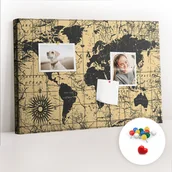 Tablice i flipcharty - Szkolna Tablica korkowa 60x40 cm, Kolorowe Pinezki, wzór Mapa Świata Vintage - miniaturka - grafika 1