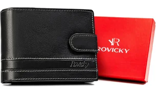 Czarny skórzany klasyczny poziomy portfel męski na zatrzask ROVICKY duży rozbudowany na karty antykradzieżowy RFID STOP elegancki prezent - Portfele - miniaturka - grafika 1