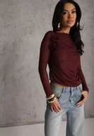 Bluzki damskie - Bordowa Marszczona Bluzka z Siateczki Zdobiona Aplikacją w Kształcie Róży Olirisa - miniaturka - grafika 1