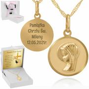 Biżuteria religijna - Złoty okrągły medalik pr 585 Madonna Chrzest Komunia Bierzmowanie Grawer Dedykacja - miniaturka - grafika 1