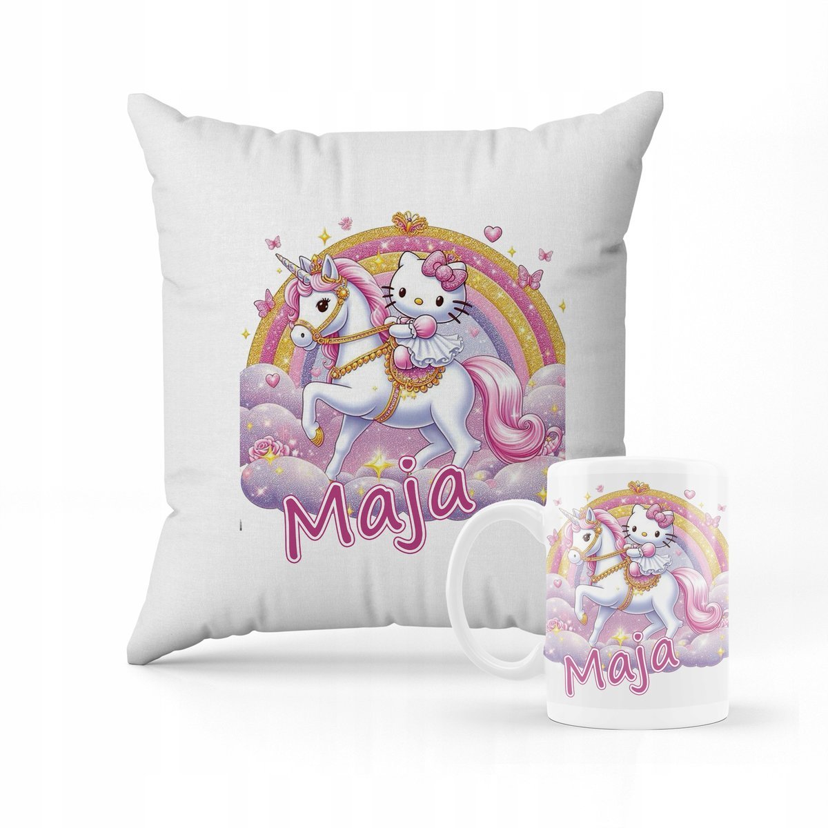 ZESTAW PODUSZKA + KUBEK PREZENT DLA DZIECKA HELLO KITTY UNICORN + IMIĘ #2